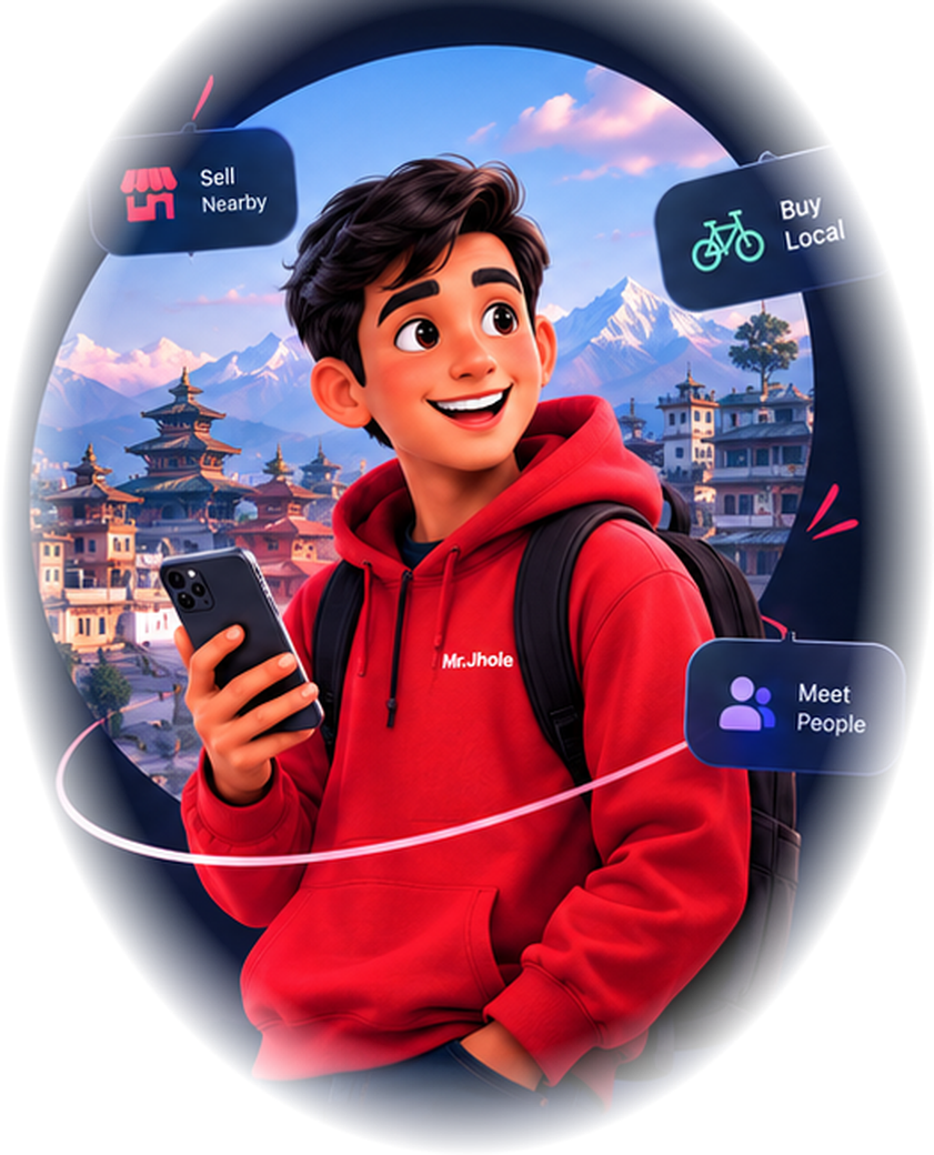 A Mr. Jhole member in a red hoodie with the Kathmandu valley behind